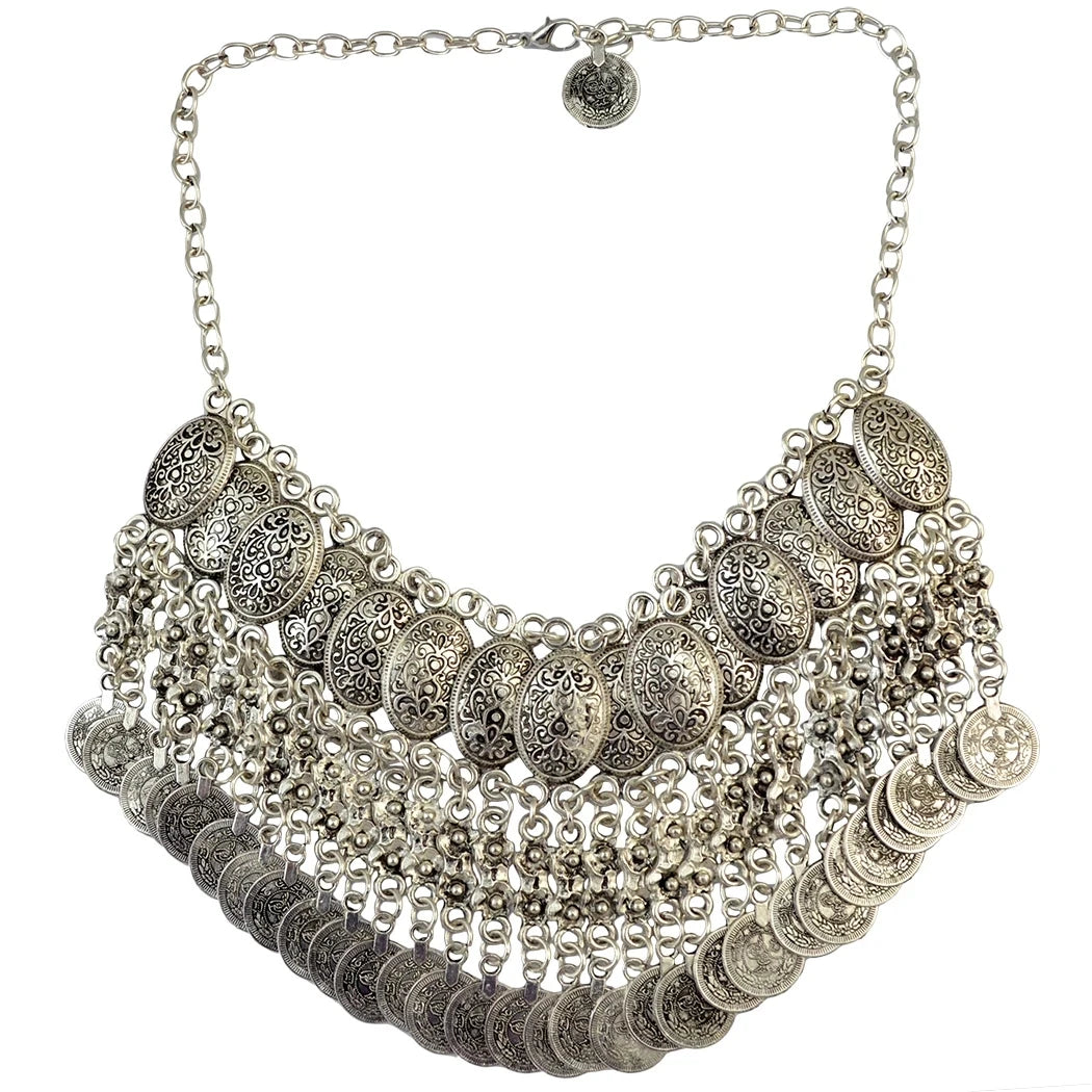 Parure Bijoux Afghan Bohème – Collier Choker Pièces Pompons Boucles