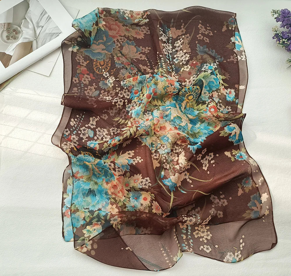 Foulard Écharpe Mousseline Georgette Femme Fleur Prune - Bandana Été Léger Respirant