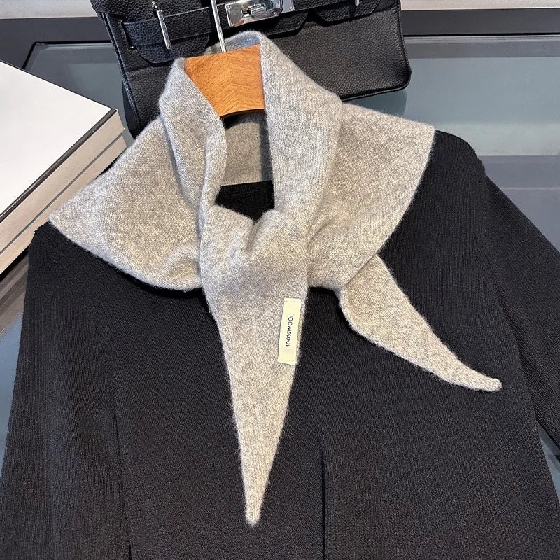 Foulard Triangle Laine 100% Femme - Écharpe Tricotée Style Britannique Coréen Multifonction