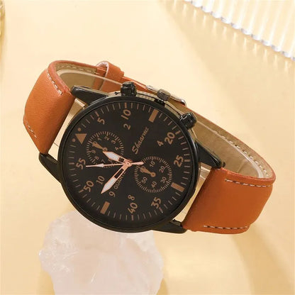 SHAARMS Montre Quartz Homme — Bracelet Cuir, Cadran Rond, Coffret Cadeau