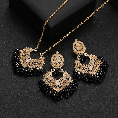 Ensemble Bijoux Indien Perles Pompons Doré – Collier Boucles Vintage