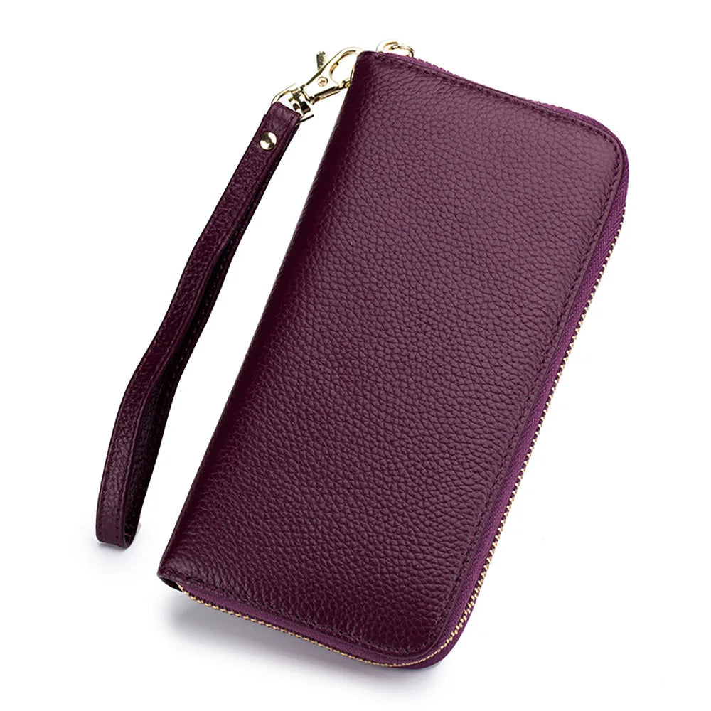 Portefeuille Femme Cuir Véritable RFID - Porte-Carte Zippé Multi-Compartiments avec Pompon