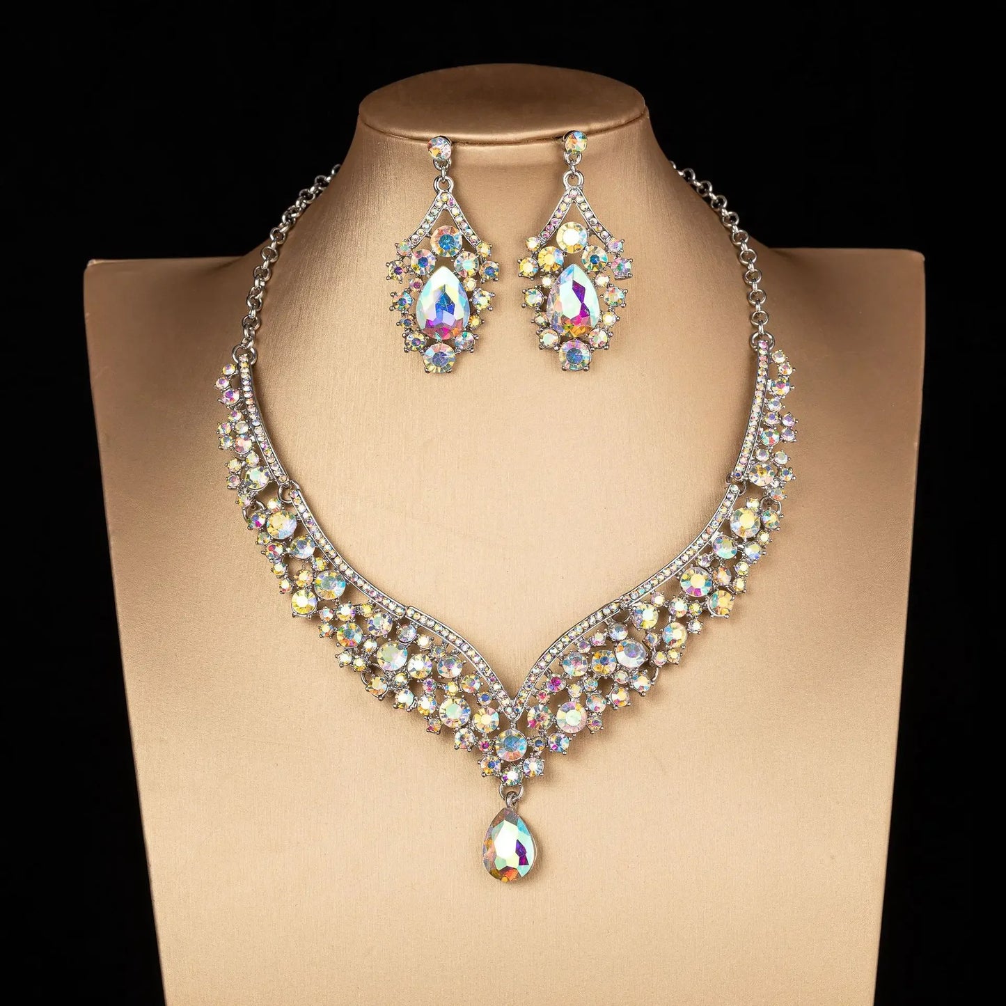Parure Mariée Choker Cristaux Irisés AB - Collier et Boucles Strass Luxe