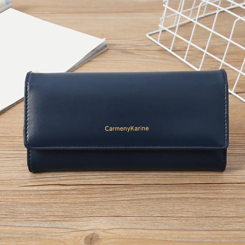 Portefeuille Femme Long Cuir PU Bleu Marine - Porte-Cartes Multifonction Pliable Clutch