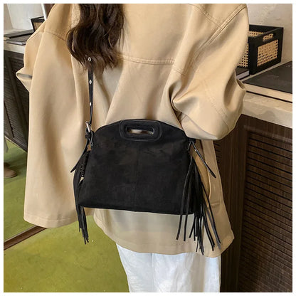 Sac à Main Femme Daim Vintage Style Français - Sac Bandoulière Épaule Glands Café
