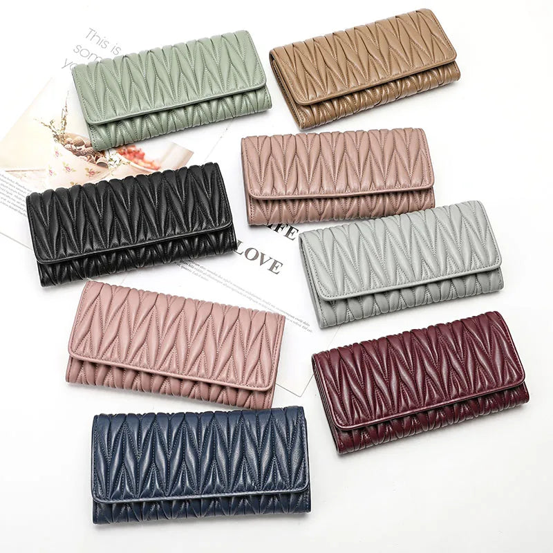 Portefeuille Femme Long Plissé Cuir Véritable - Pochette Zip Fermoir Multifonction