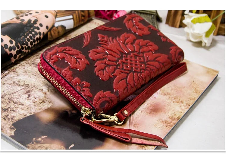 Portefeuille Femme Cuir Véritable Vintage Floral - Grande Capacité Clutch Pochette en Cuir de Vache