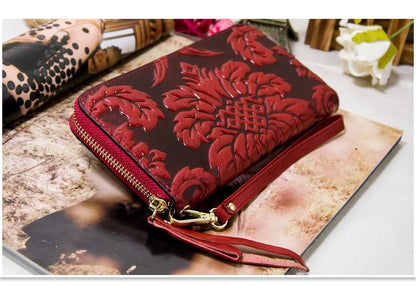 Portefeuille Femme Cuir Véritable Vintage Floral - Grande Capacité Clutch Pochette en Cuir de Vache