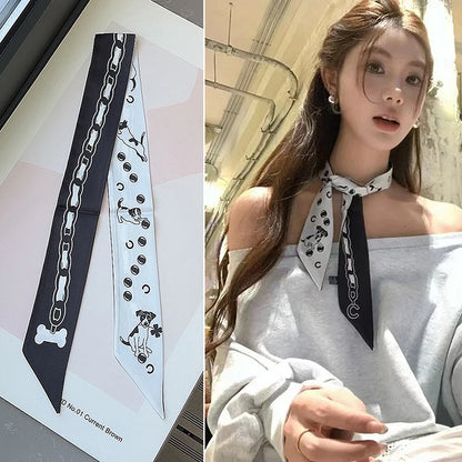 Foulard Ruban Soie Imprimé Léopard Femme - Bandeau Sac Neckerchief Skinny Luxe Mode