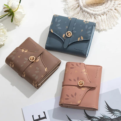 Portefeuille Femme Trifold Imprimé Floral - Pochette avec Fermoir et Porte-Cartes
