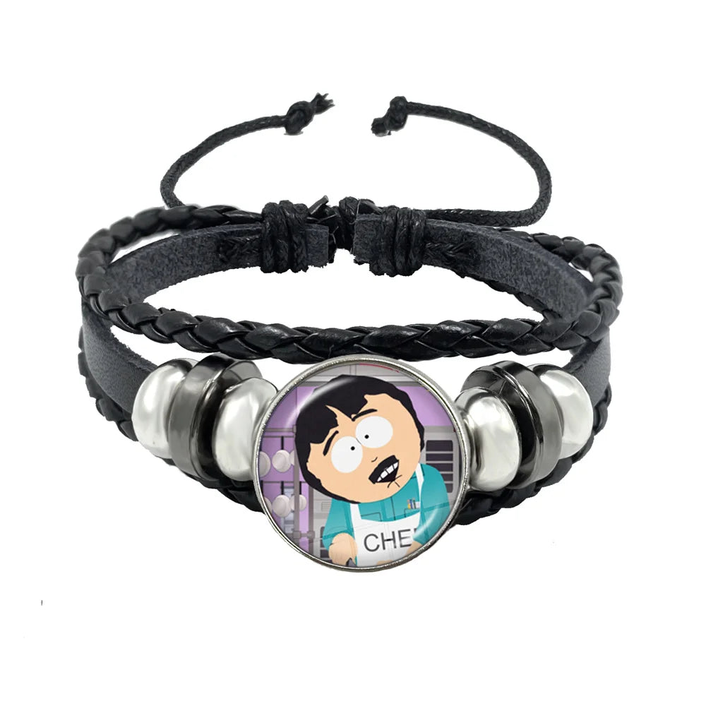 Bracelet South Park Cabochon Verre – Cuir Multicouche Tressé Fait Main Unisexe