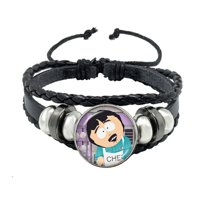 Bracelet South Park Cabochon Verre – Cuir Multicouche Tressé Fait Main Unisexe