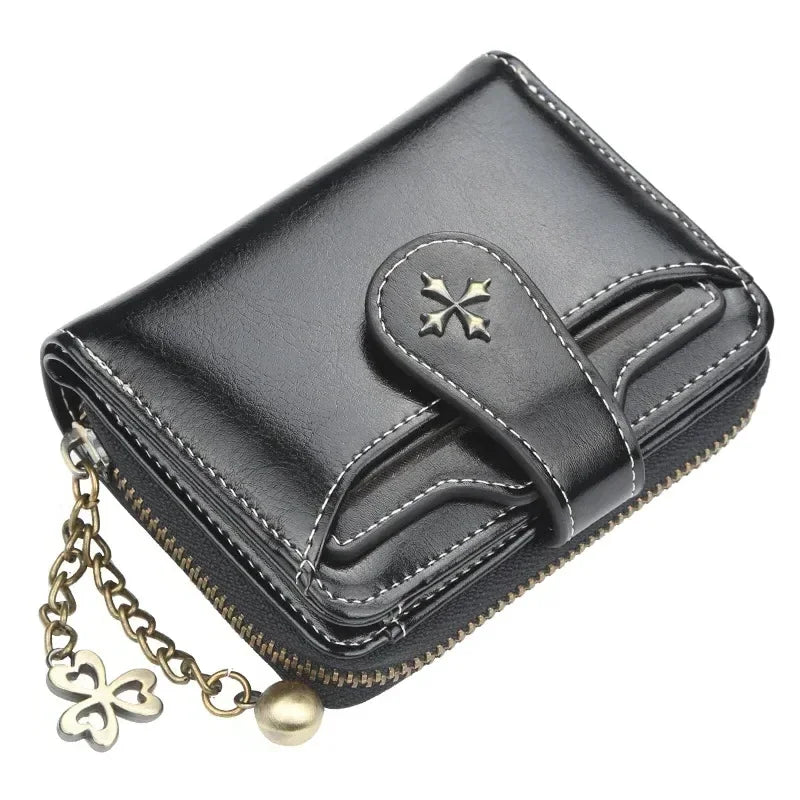 Portefeuille Femme Court Cuir PU Noir - Porte-Monnaie Hasp avec Porte-Cartes et Compartiment Pièces
