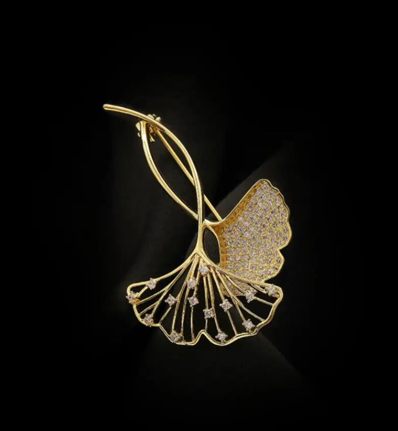 Broche Feuille Ginkgo Rétro Élégante Strass – Pin's Plante Corsage Luxe Femme
