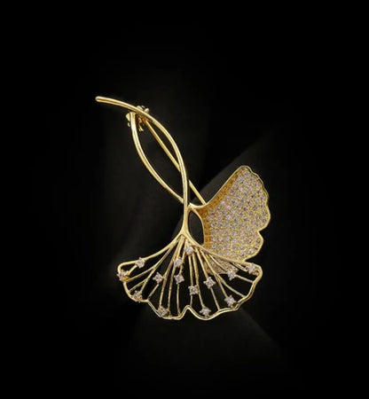 Broche Feuille Ginkgo Rétro Élégante Strass – Pin's Plante Corsage Luxe Femme