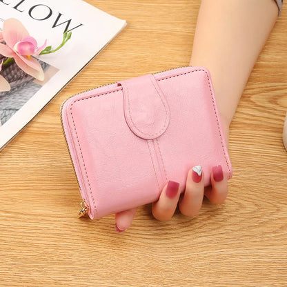 Portefeuille Femme Cuir Bifold Court Rose - Wallet Porte-Cartes Zipper Coin Pouch