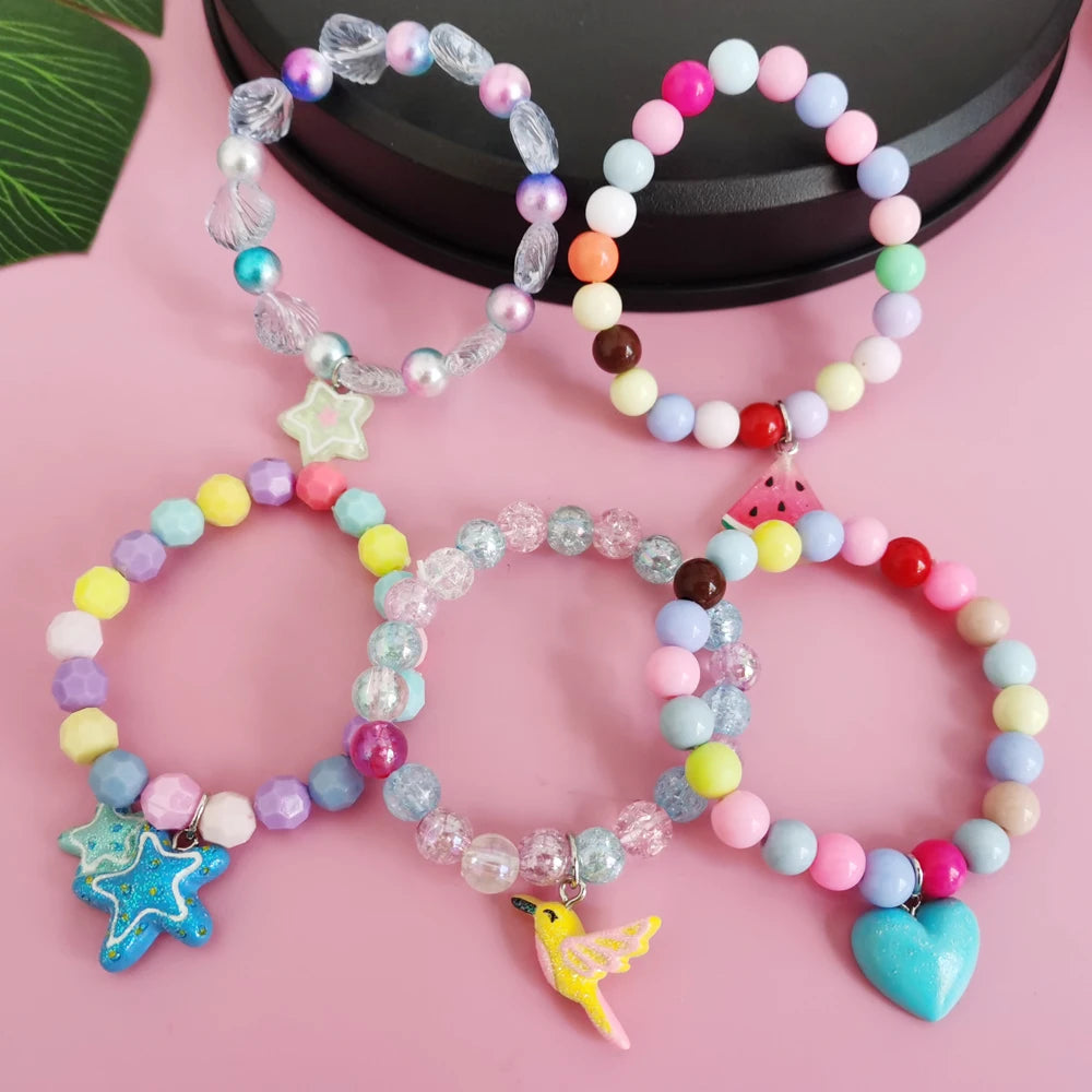 Ensemble 5 Bracelets Perles Licorne Cartoon Cœur Étoile – Élastique Candy Coloré Filles