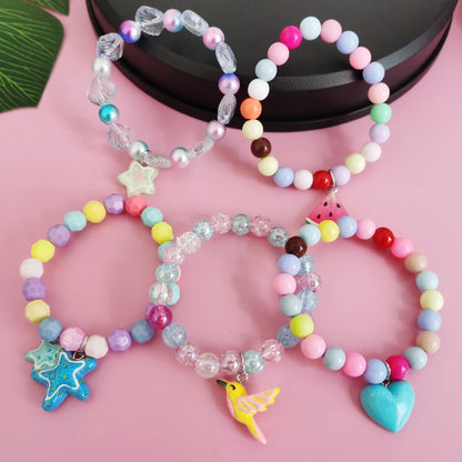 Ensemble 5 Bracelets Perles Licorne Cartoon Cœur Étoile – Élastique Candy Coloré Filles
