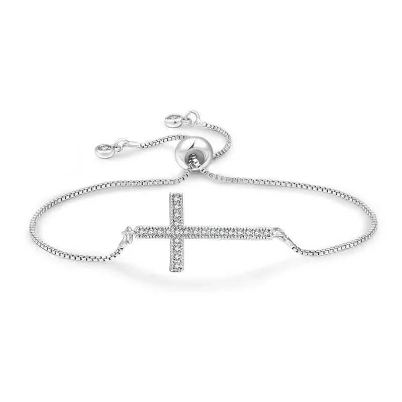 Bracelet Chaîne Cuivre Zircon Croix – Or & Argent Ajustable Unisexe Soirée