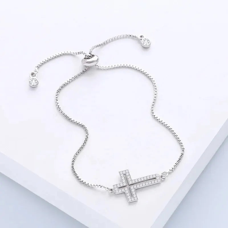 Bracelet Chaîne Cuivre Zircon Croix – Or & Argent Ajustable Unisexe Soirée