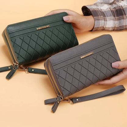 Portefeuille Femme Cuir PU Pompon - Porte-Monnaie Double Fermeture Éclair