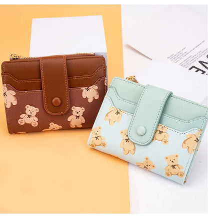 Portefeuille Femme Court Ourson Mignon - Bifold Cuir PU Porte-Cartes Zipper Bleu