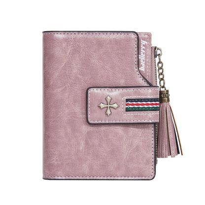 Portefeuille Femme Cuir Ciré Glands - Porte-Monnaie Tri-Fold Multi-Fentes Fermeture Éclair