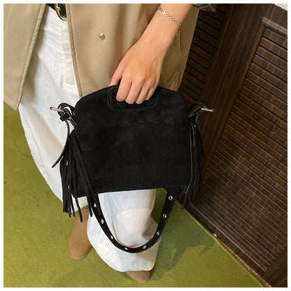 Sac à Main Femme Daim Vintage Style Français - Sac Bandoulière Épaule Glands Café