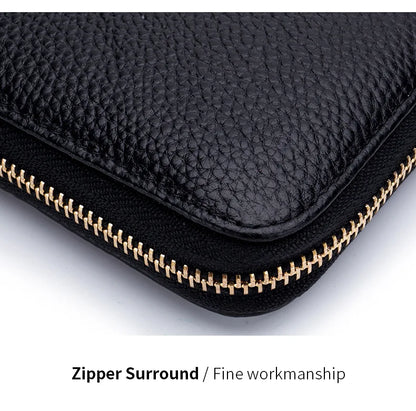 Portefeuille Femme Cuir Véritable RFID - Porte-Carte Zippé Multi-Compartiments avec Pompon