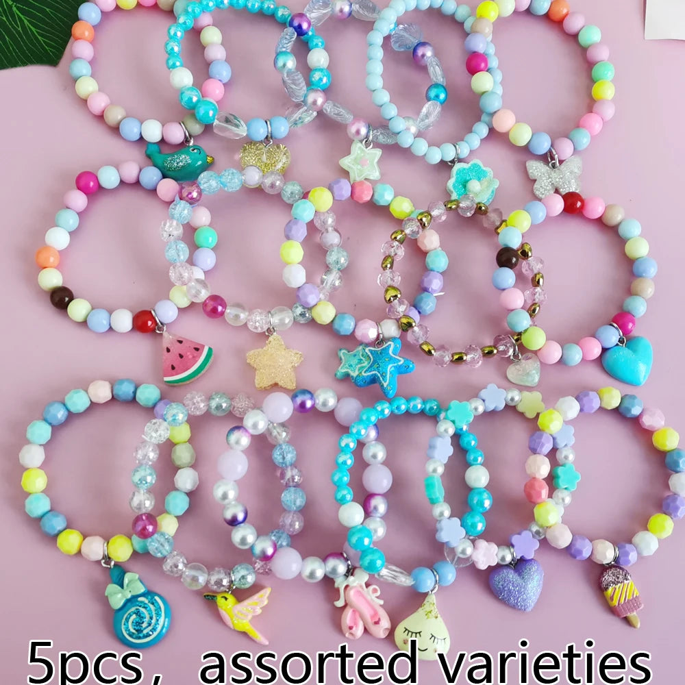 Ensemble 5 Bracelets Perles Licorne Cartoon Cœur Étoile – Élastique Candy Coloré Filles