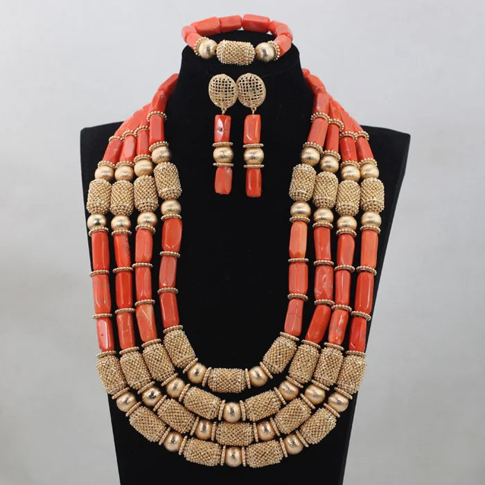 Parure Luxe Corail Nigérian 4 Couches – Ensemble Mariée Statement