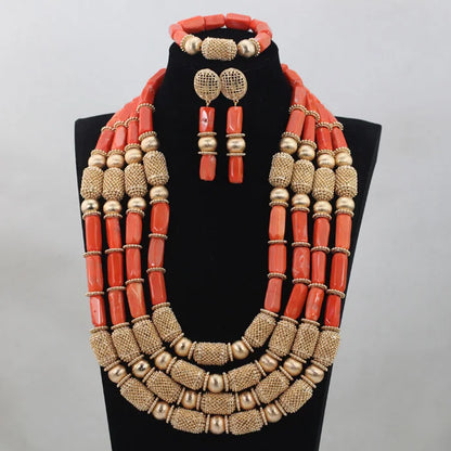 Parure Luxe Corail Nigérian 4 Couches – Ensemble Mariée Statement