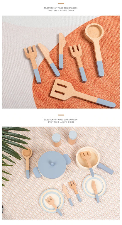 Cuisine Jouet en Bois Bleu - Set Chef Complet Casseroles et Aliments pour Jeu de Rôle 3-6 Ans