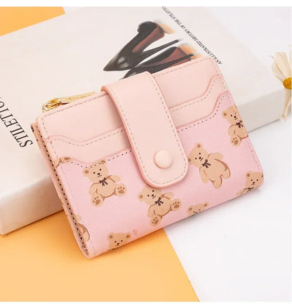 Portefeuille Femme Court Ourson Mignon - Bifold Cuir PU Porte-Cartes Zipper Bleu