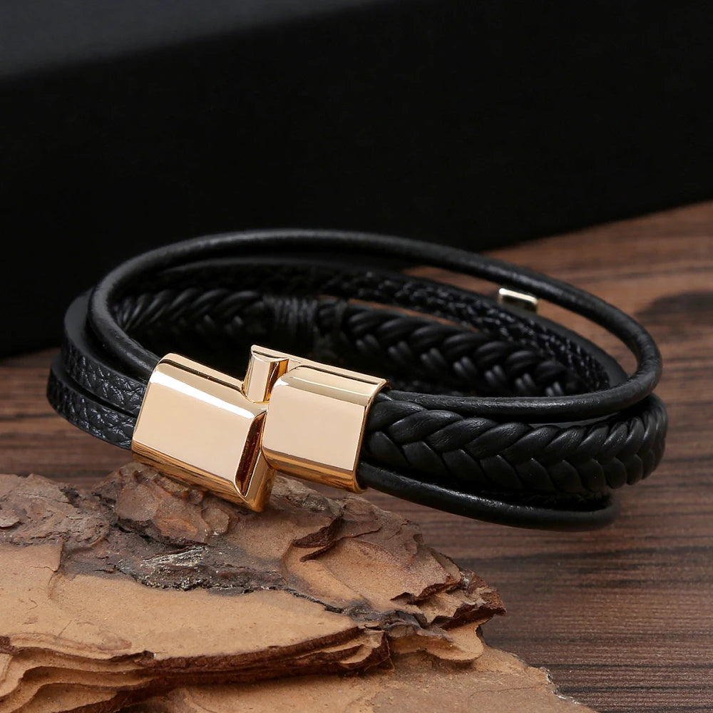 Bracelet Cuir Tressé Multicouche Punk – Boucle Magnétique Croix Homme