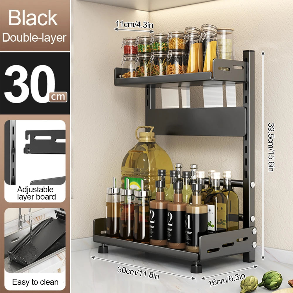 Porte-Épices 3 Niveaux en Métal avec Porte-Couteaux - Organisateur de Comptoir Ajustable Noir