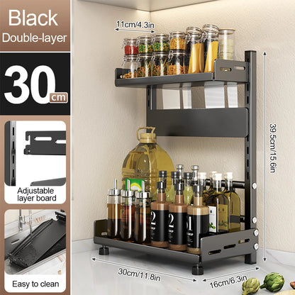Porte-Épices 3 Niveaux en Métal avec Porte-Couteaux - Organisateur de Comptoir Ajustable Noir