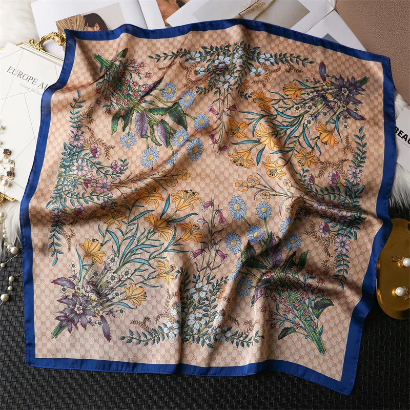 Foulard Carré Soie 70cm Imprimé Rose Femme - Écharpe Printemps Été Headscarf Bandana