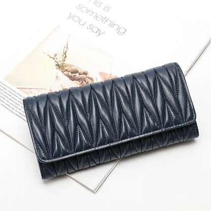 Portefeuille Femme Long Plissé Cuir Véritable - Pochette Zip Fermoir Multifonction