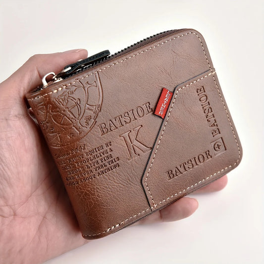 Men's PU Leather Wallet, Oil Wax Finish - Short Coin Purse with Zipper and Card Holder