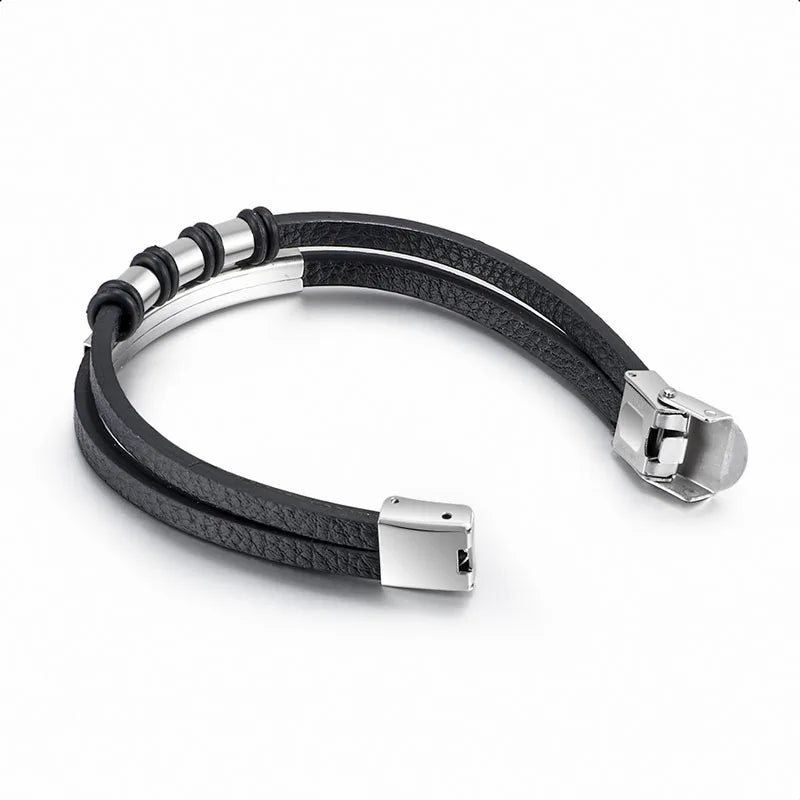 Bracelet Enroulé en Cuir pour Homme avec Charm en Acier Inoxydable