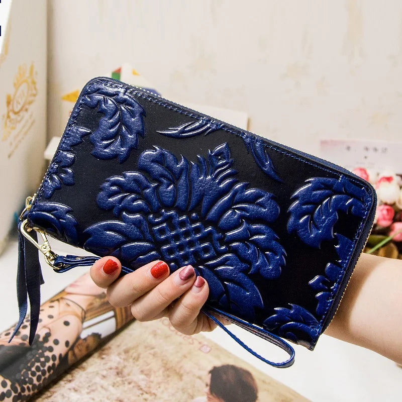 Portefeuille Femme Cuir Véritable Vintage Floral - Grande Capacité Clutch Pochette en Cuir de Vache