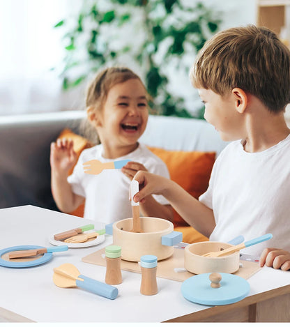 Cuisine Jouet en Bois pour Enfants - Set Complet avec Casseroles, Poêles et Ustensiles 3-6 Ans