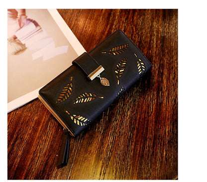 Portefeuille Long Femme Cuir PU Feuilles Dorées - Clutch Porte-Cartes Monnaie Élégant