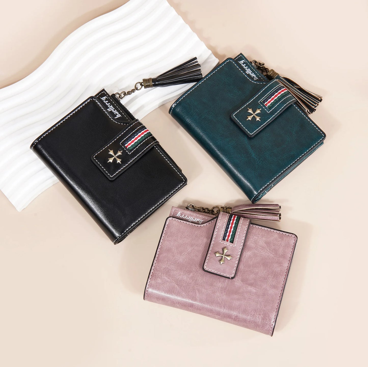 Portefeuille Femme Cuir Ciré Glands - Porte-Monnaie Tri-Fold Multi-Fentes Fermeture Éclair