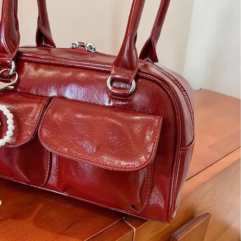 Sac à Bandoulière Femme Cuir PU Vintage - Grand Sac à Main Bordeaux pour Travail