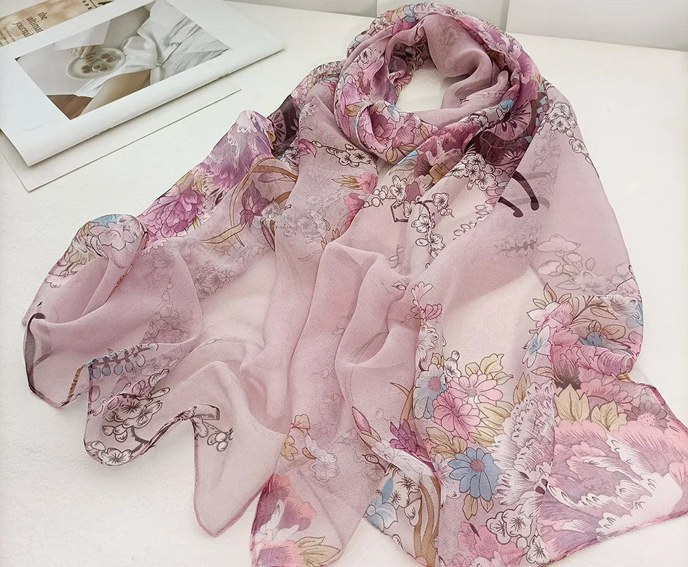 Foulard Écharpe Mousseline Georgette Femme Fleur Prune - Bandana Été Léger Respirant