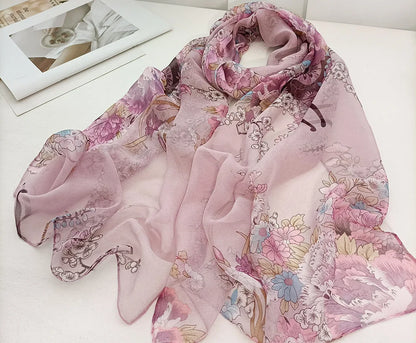 Foulard Écharpe Mousseline Georgette Femme Fleur Prune - Bandana Été Léger Respirant