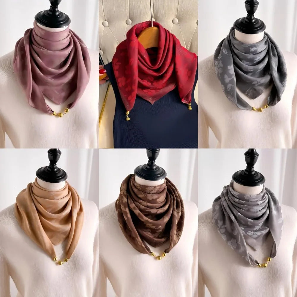 Women's 70cm Square Scarf with Magnetic Buckle - Premium Autumn/Winter Silk Triangle Scarf