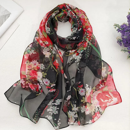 Foulard Écharpe Mousseline Georgette Femme Fleur Prune - Bandana Été Léger Respirant